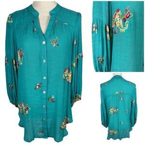 Figueroa & Flower Turquoise Blue Embroidered Appliqué 3/4 Sleeve Lightweight Top